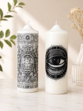 Decorative White Pillar Candles with Black Graphic Motif - Coreterno Creativity